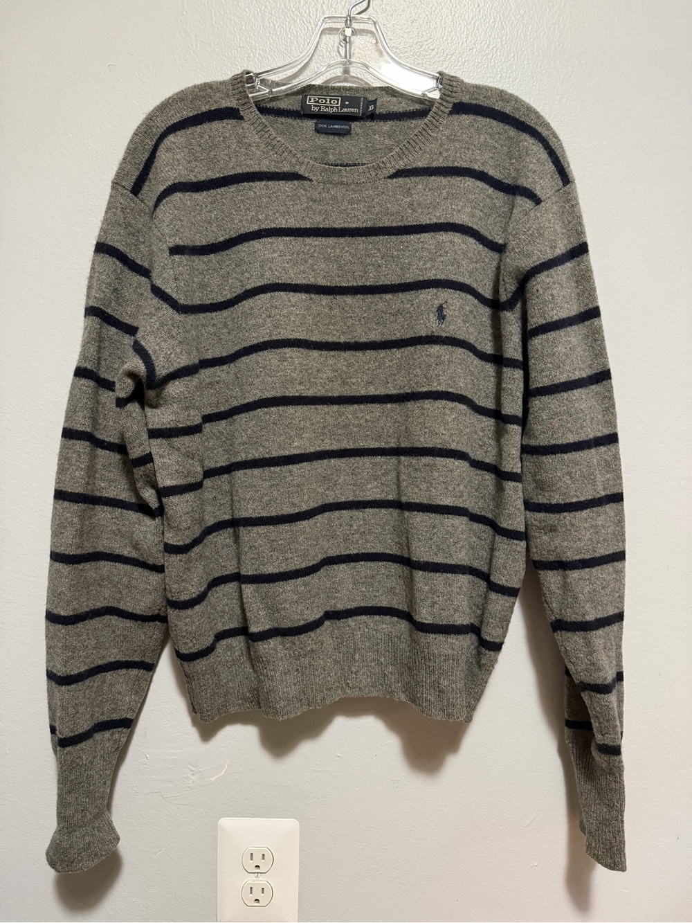 Polo Ralph Lauren Women’s Gray Crewneck Sweater with Black Stripes(lambswool)